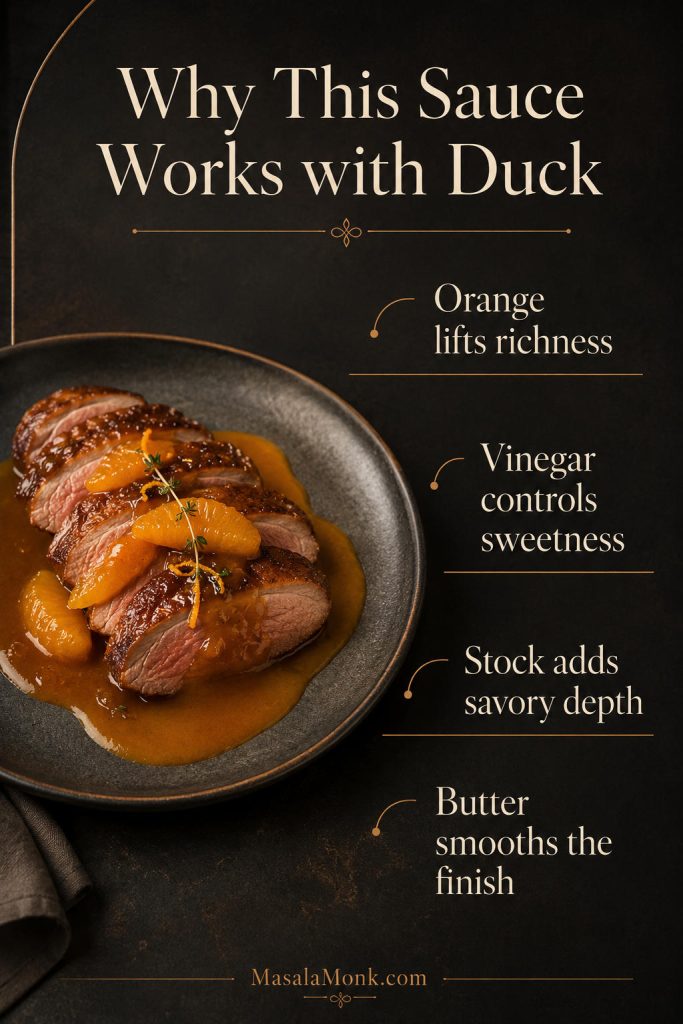 Board showing orange, vinegar, stock, and butter as the key parts of sauce for duck