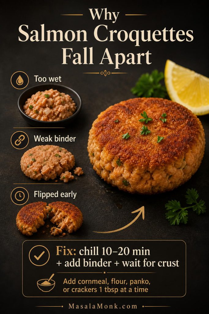 Troubleshooting guide showing wet mixture, weak binder, early flipping, and a corrected salmon croquette