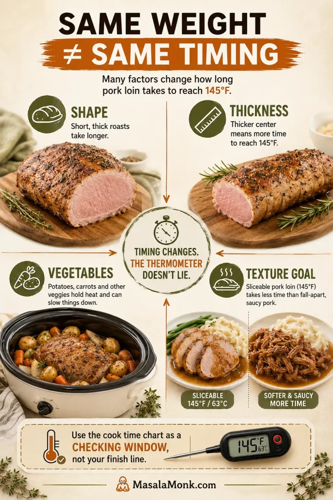 Educational guide explaining that pork loin timing varies by roast shape, thickness, vegetables, slow cooker heat, and texture goal.
