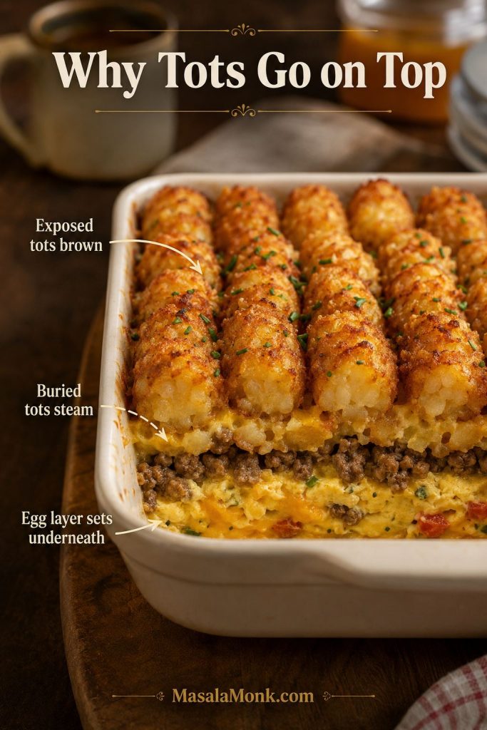 Cutaway guide showing tater tots on top of breakfast casserole, with egg and sausage filling underneath.