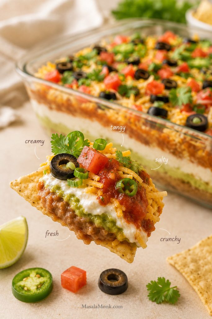 Loaded tortilla chip with 7 layer dip and small callouts for creamy, tangy, salty, fresh, and crunchy flavors.