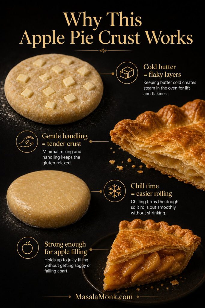 Apple pie crust explanation board with dough, butter, flaky crust, and callouts for cold butter, gentle handling, chill time, and apple filling support.