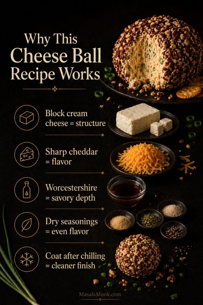 Explainer board showing why a cheese ball recipe works, with callouts for block cream cheese for structure, sharp cheddar for flavor, Worcestershire for savory depth, dry seasonings for even flavor, and coating after chilling for a cleaner finish.