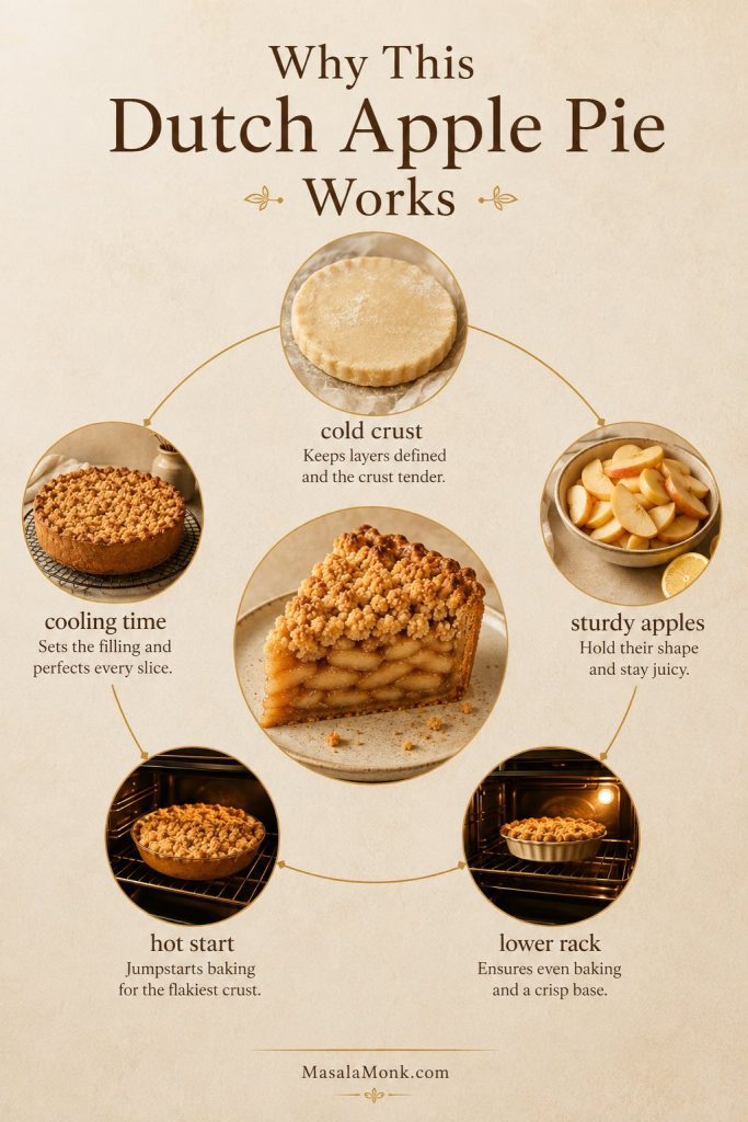Method board showing cold crust, sturdy apples, lower oven rack, hot-start bake, and cooling time for Dutch apple pie.