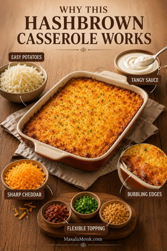 Explainer image showing frozen hash browns, sour cream, cheddar, bubbling edges, and topping choices for hashbrown casserole.