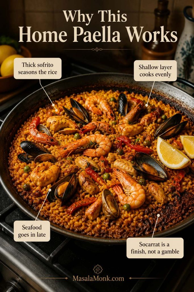 Home paella explainer with callouts for thick sofrito, shallow rice layer, late-added seafood, and optional socarrat.