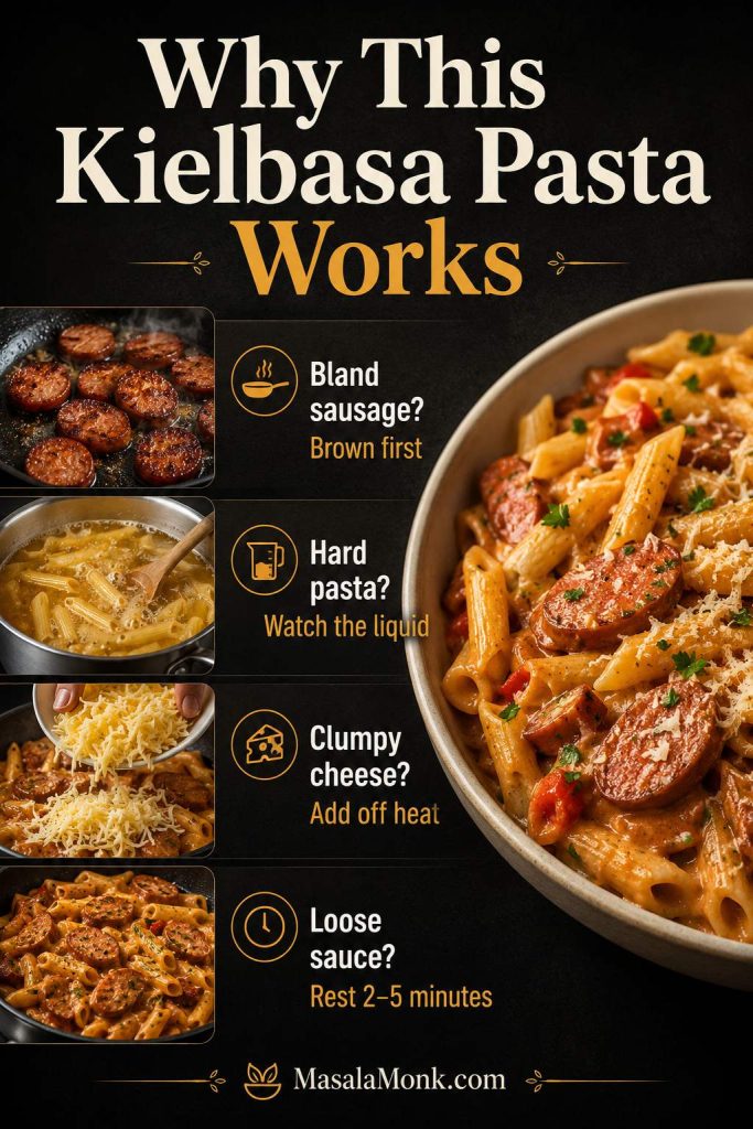 Board explaining why kielbasa pasta works with tips to brown sausage, watch liquid, add cheese off heat, and rest the pan.