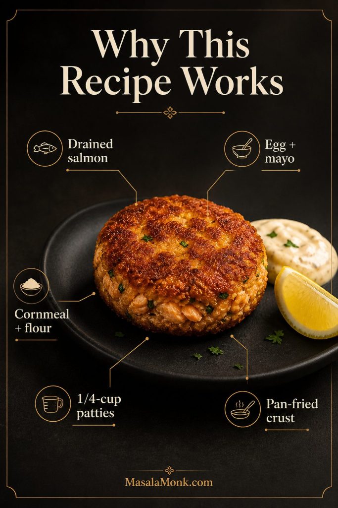 Visual guide showing drained salmon, egg, mayonnaise, cornmeal, flour, patty size, and pan-fried crust for salmon croquettes