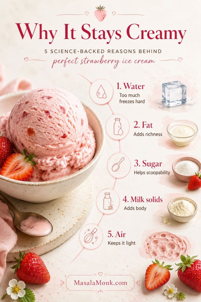 Strawberry ice cream texture guide showing water, fat, sugar, milk solids, and air as key factors