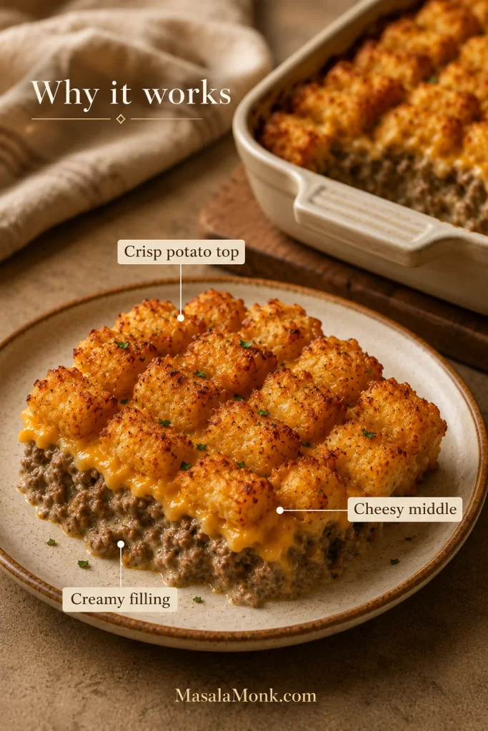 Cutaway serving of tater tot casserole showing creamy beef filling, melted cheddar layer, and crispy tater tot topping