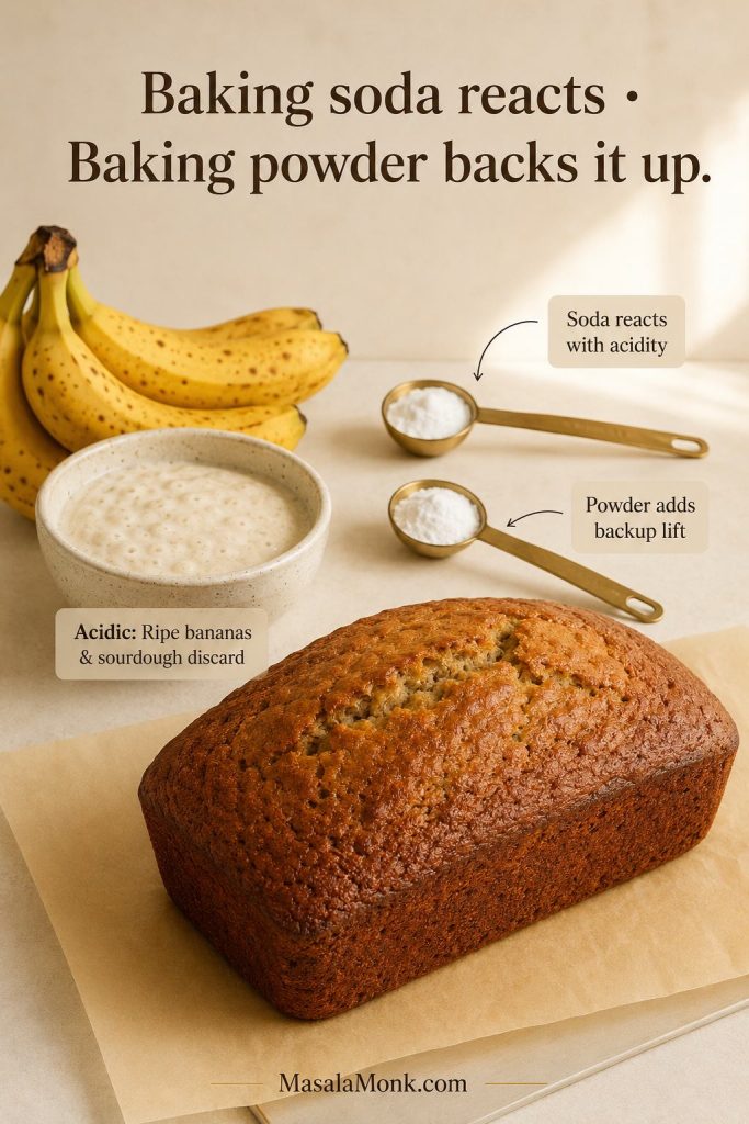 Baking soda and baking powder guide with ripe bananas, sourdough discard, leaveners, and a domed banana bread loaf.