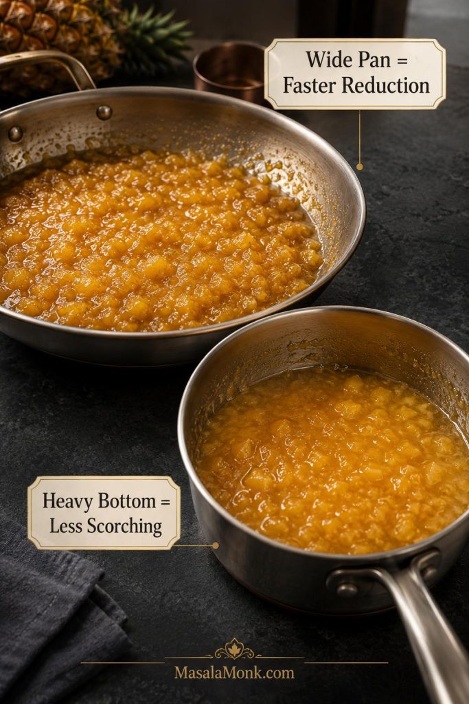 Wide pan and heavy-bottom saucepan comparison for reducing pineapple jam without scorching