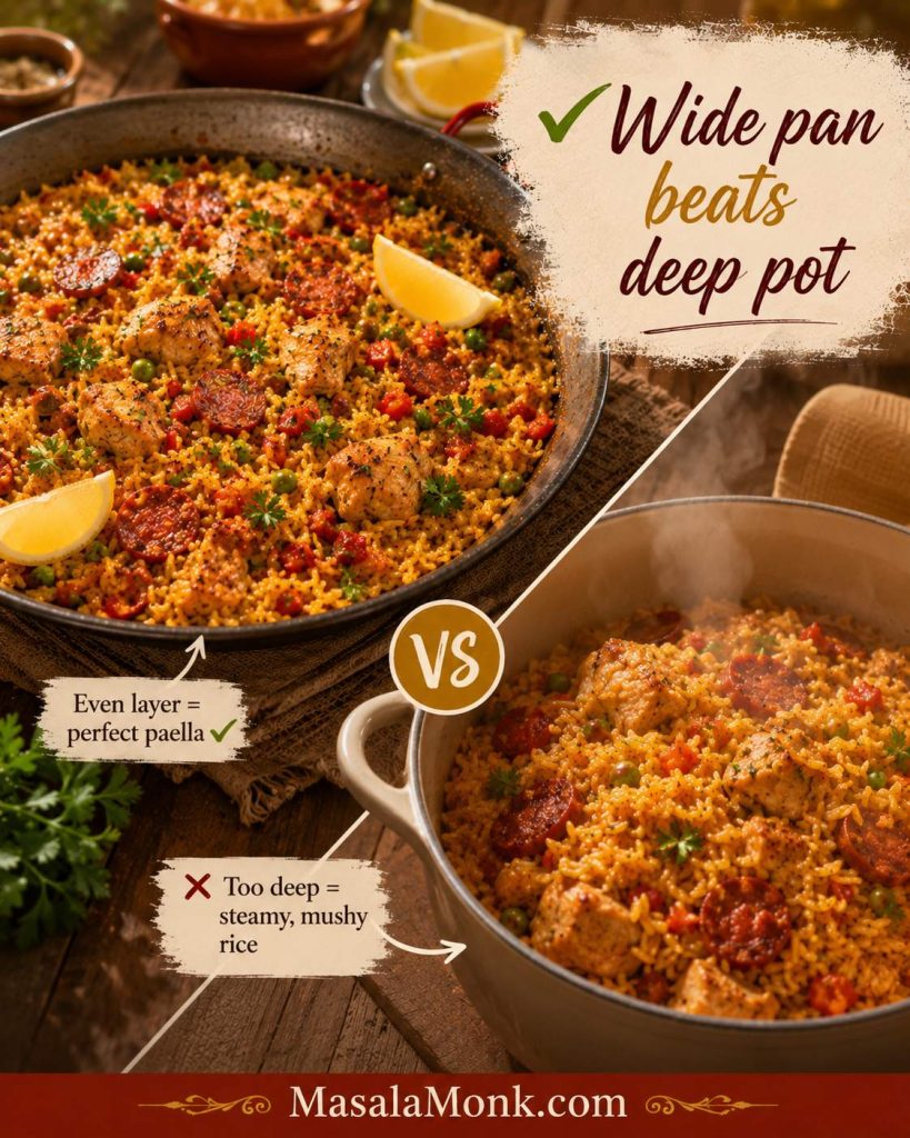 Wide pan and deep pot comparison for paella with a shallow rice layer in the wide pan and a thick rice layer in the saucepan.