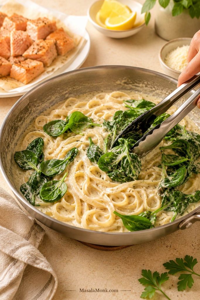 Baby spinach being tossed into creamy pasta while cooked salmon waits on a plate nearby