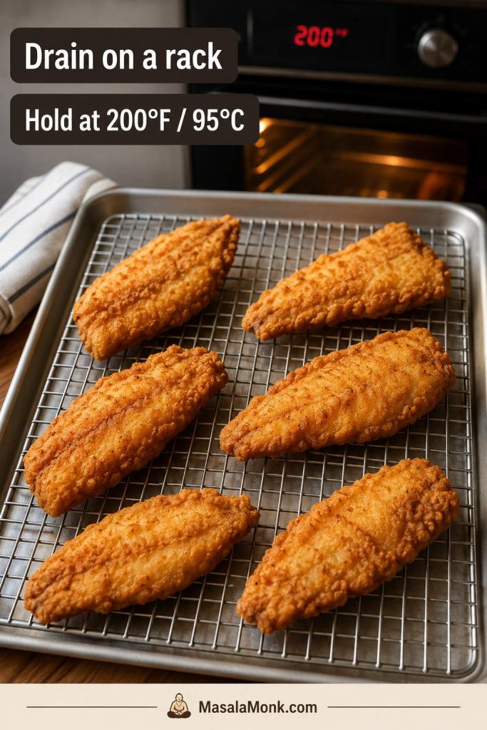 Crispy battered fish pieces resting in a single layer on a wire rack over a baking sheet in front of a low oven
