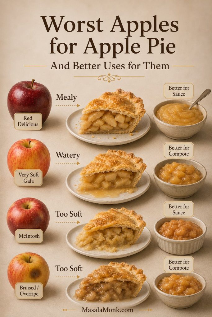 Less ideal apples for pie, including Red Delicious, very soft Gala, McIntosh, and bruised apples, with better uses such as sauce or compote.