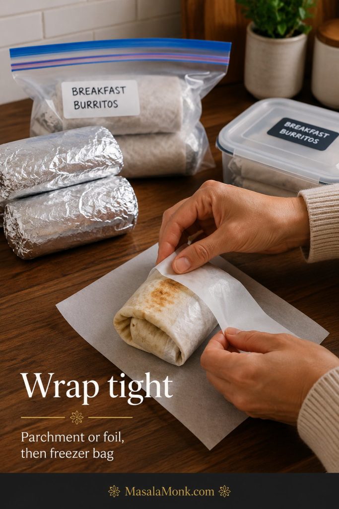Hands wrapping breakfast burritos in parchment or foil with wrapped burritos and a freezer bag nearby