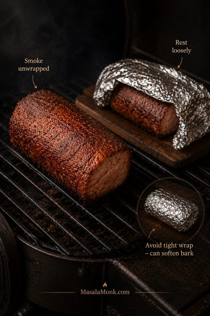 Smoked pork loin shown unwrapped on a grate with a loosely tented roast and a tightly wrapped foil caution