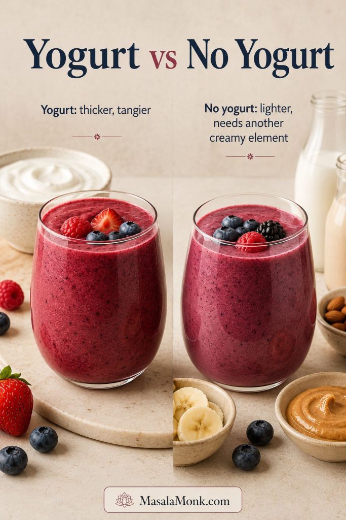 Yogurt and no-yogurt berry smoothies compared, with Greek yogurt on one side and dairy-free creamy ingredients on the other.