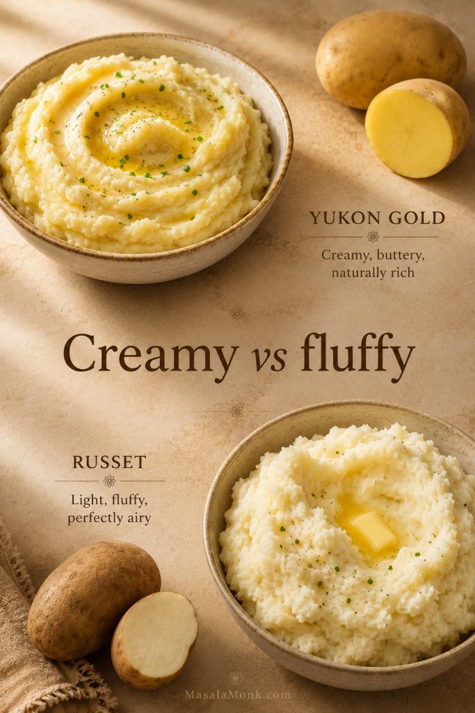 Side-by-side comparison of Yukon Gold mashed potatoes and russet mashed potatoes with cut potatoes nearby.