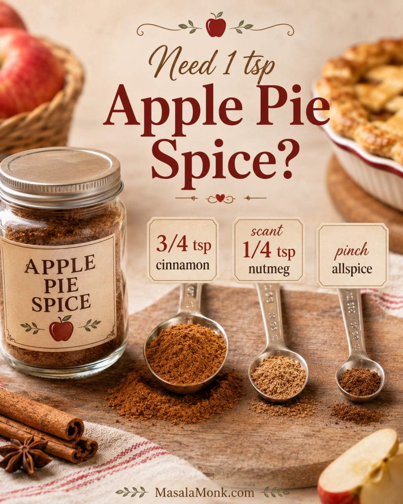 Emergency substitute for 1 teaspoon apple pie spice showing ¾ teaspoon cinnamon, scant ¼ teaspoon nutmeg, and a pinch of allspice.