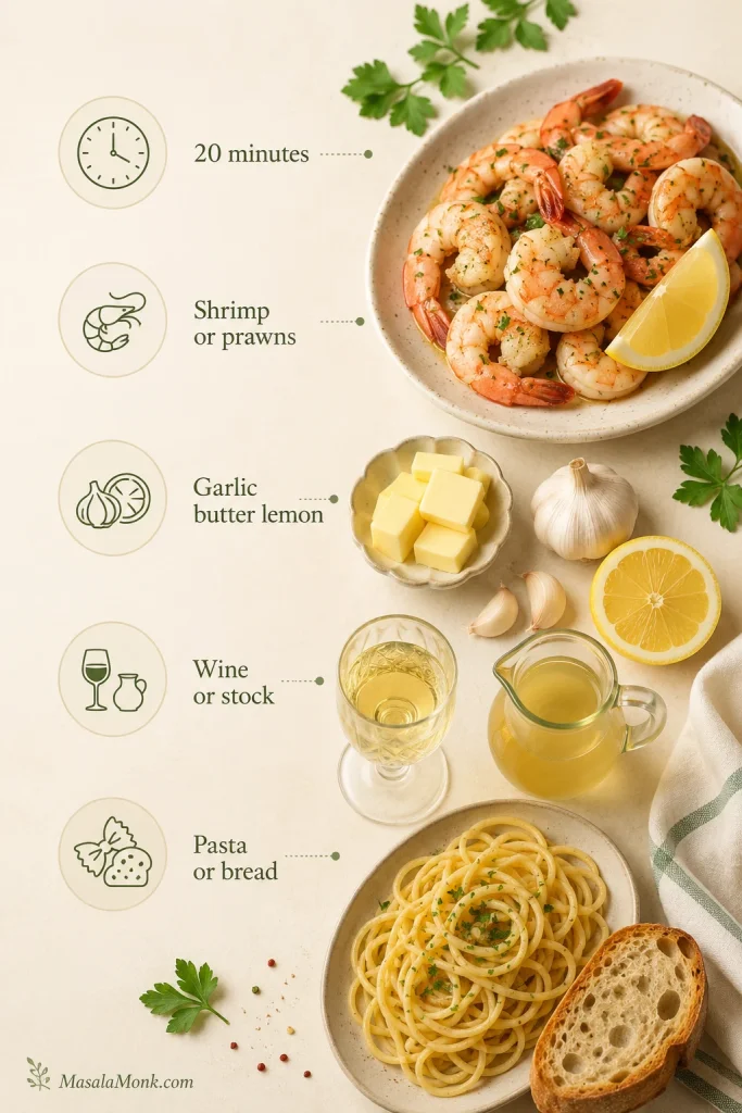 Visual guide showing shrimp or prawns, garlic butter lemon sauce, wine or stock, pasta or bread, and 20 minutes.