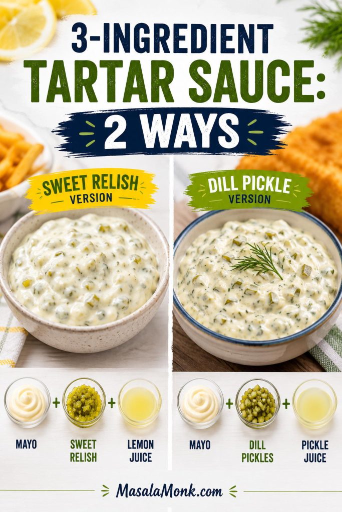 Two three-ingredient tartar sauces made with mayonnaise, sweet relish or dill pickles, and lemon juice or pickle juice