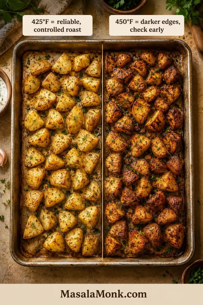 Oven temperature comparison showing ranch roasted potatoes at 425°F with lighter golden edges and 450°F with darker browned edges.