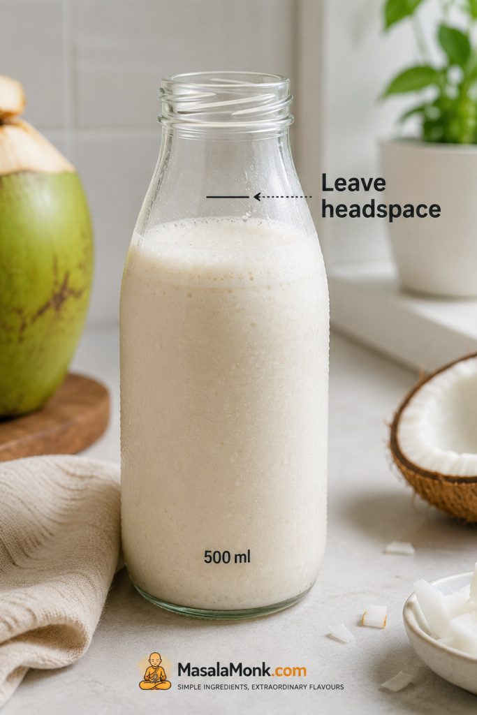 Clear 500 ml bottle of coconut shake filled below the shoulder with visible headspace and condensation.