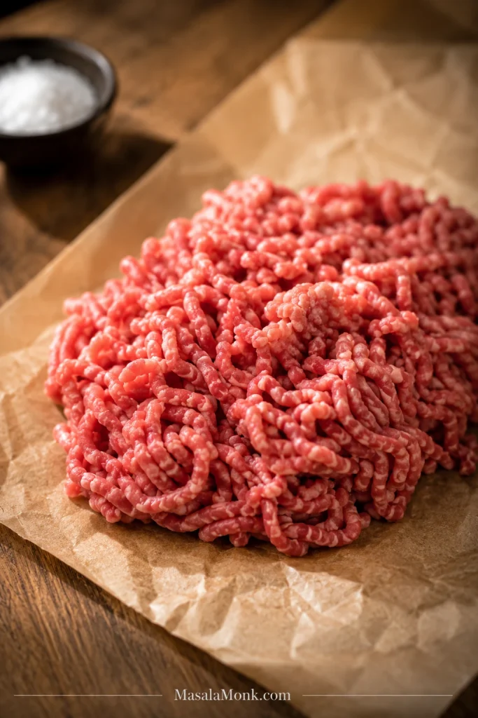 Close-up of raw 80/20 ground beef on parchment paper with visible white fat flecks.