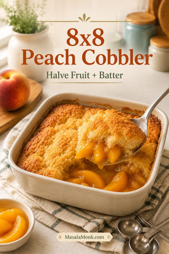 Small 8×8 peach cobbler with a spoon lifting golden topping and peach filling from the dish.
