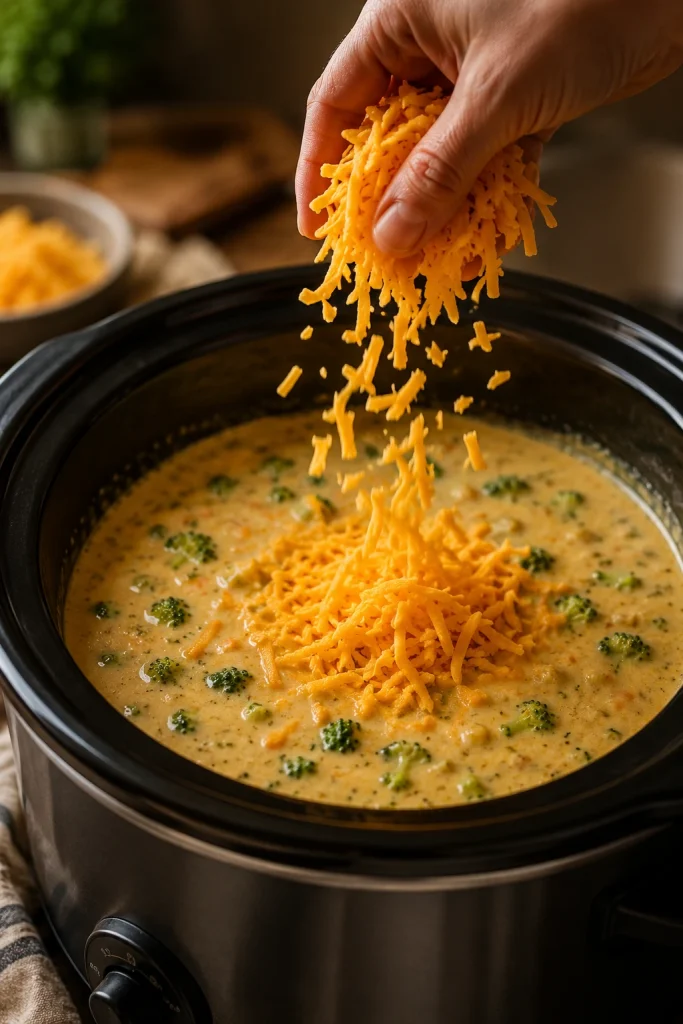 Freshly shredded cheddar falling into hot broccoli soup in a slow cooker with broccoli pieces visible underneath.