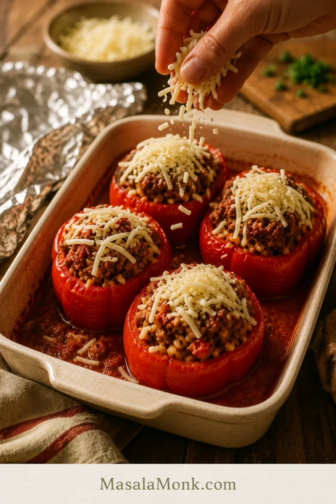 Hand sprinkling shredded cheese over stuffed red peppers after the covered baking stage