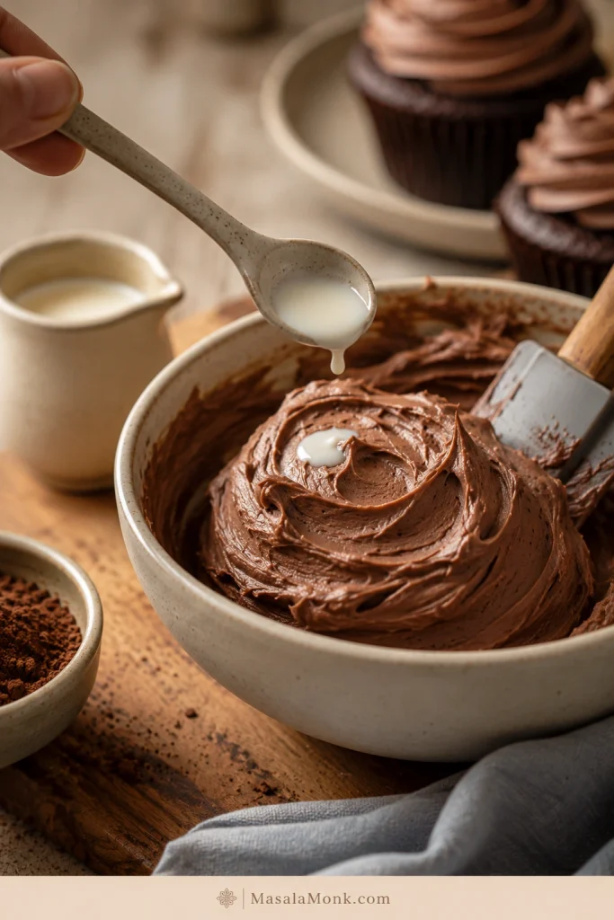 A small spoonful of cream being added to thick chocolate cream cheese frosting in a bowl.