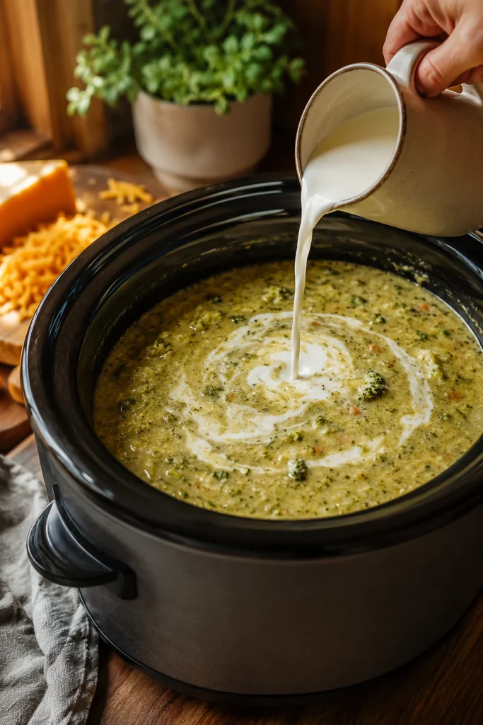 Cream being poured from a small jug into cooked broccoli soup in a slow cooker, creating a white swirl.