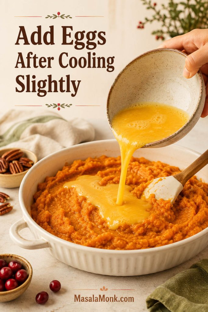 Beaten eggs being added to slightly cooled sweet potato mash in a mixing bowl