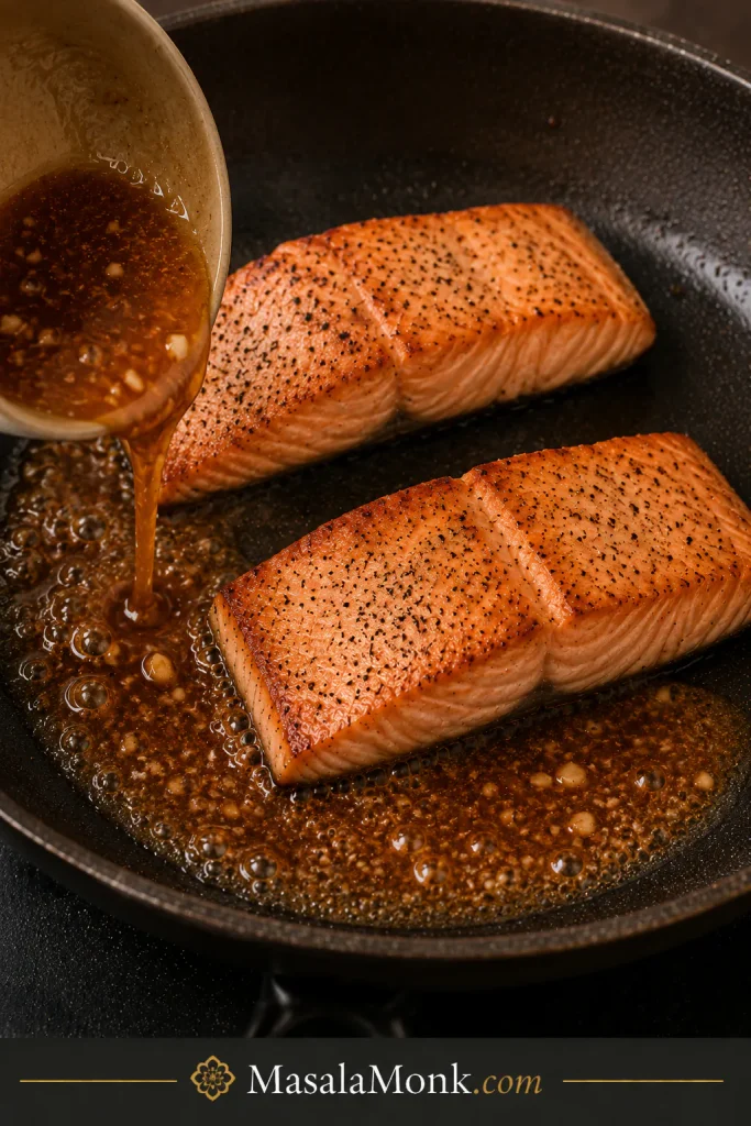 Honey garlic sauce being poured around two seared salmon fillets in a dark skillet.