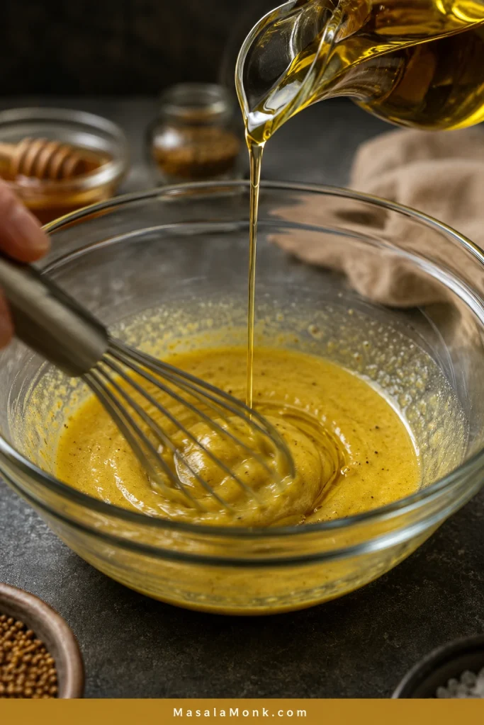 Olive oil being poured in a thin stream into a bowl of honey mustard dressing while the mixture is whisked.