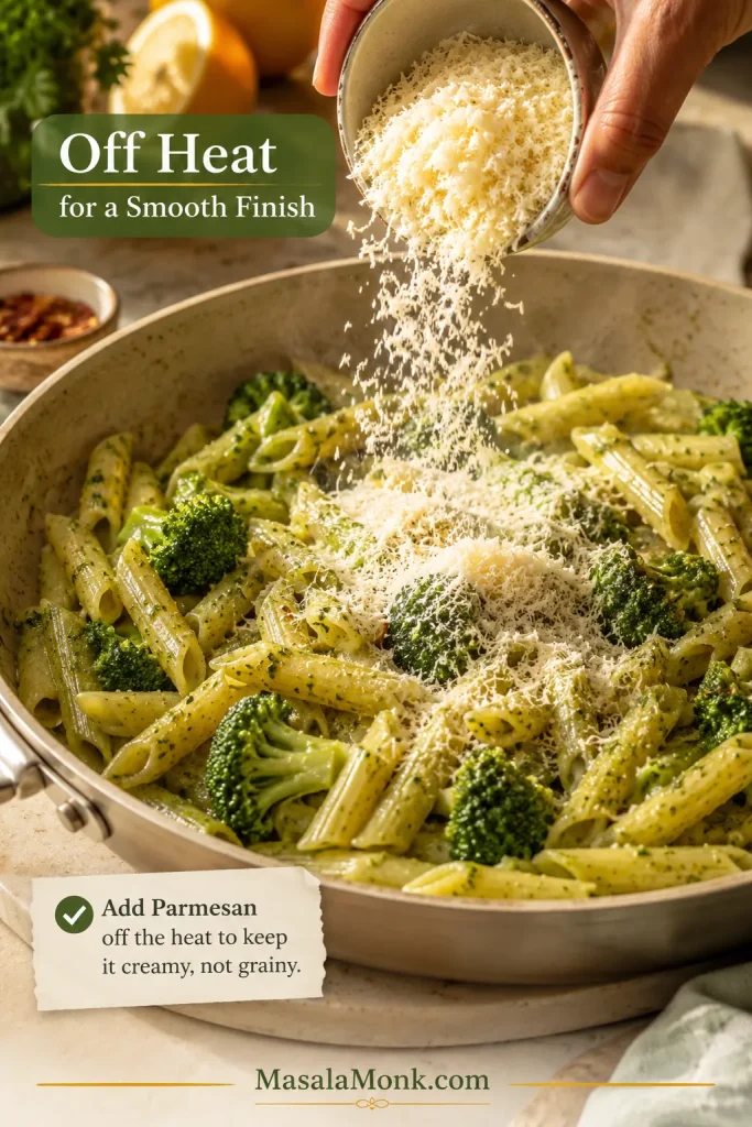 Finely grated Parmesan being added to hot short pasta with broccoli in a skillet, with text reading “Off Heat for a Smooth Finish.”