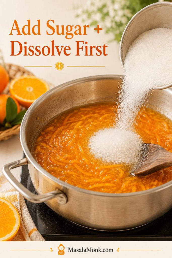 Sugar being poured into a pot of orange marmalade mixture with visible orange peel and a wooden spoon.
