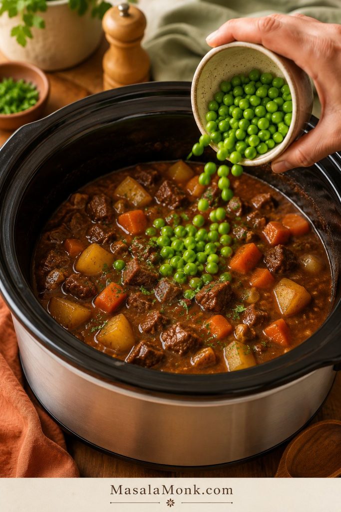 Bright green peas being poured from a small bowl into hot beef stew in a slow cooker.