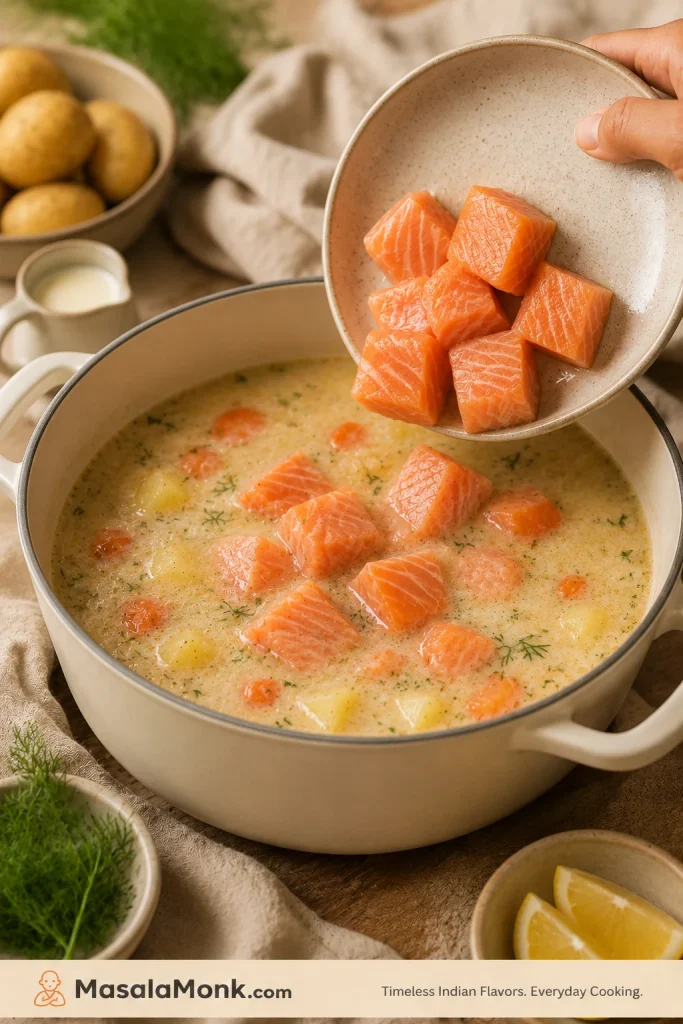 Raw salmon chunks being tipped into barely bubbling soup with potatoes and carrots.