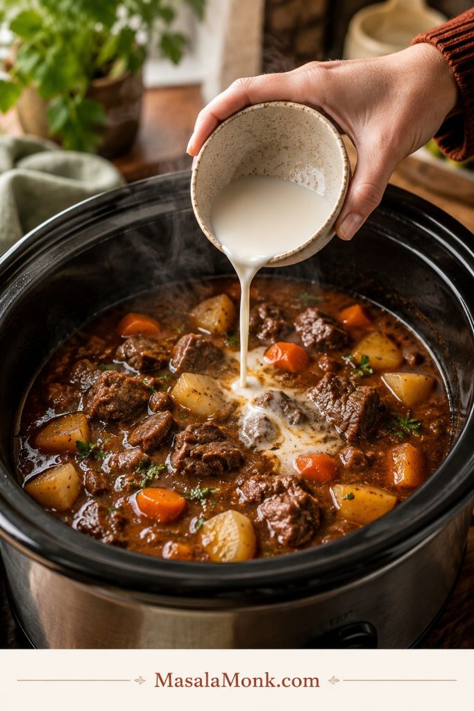 A hand pouring white cornstarch slurry into hot beef stew in a slow cooker with beef, potatoes, and carrots visible.