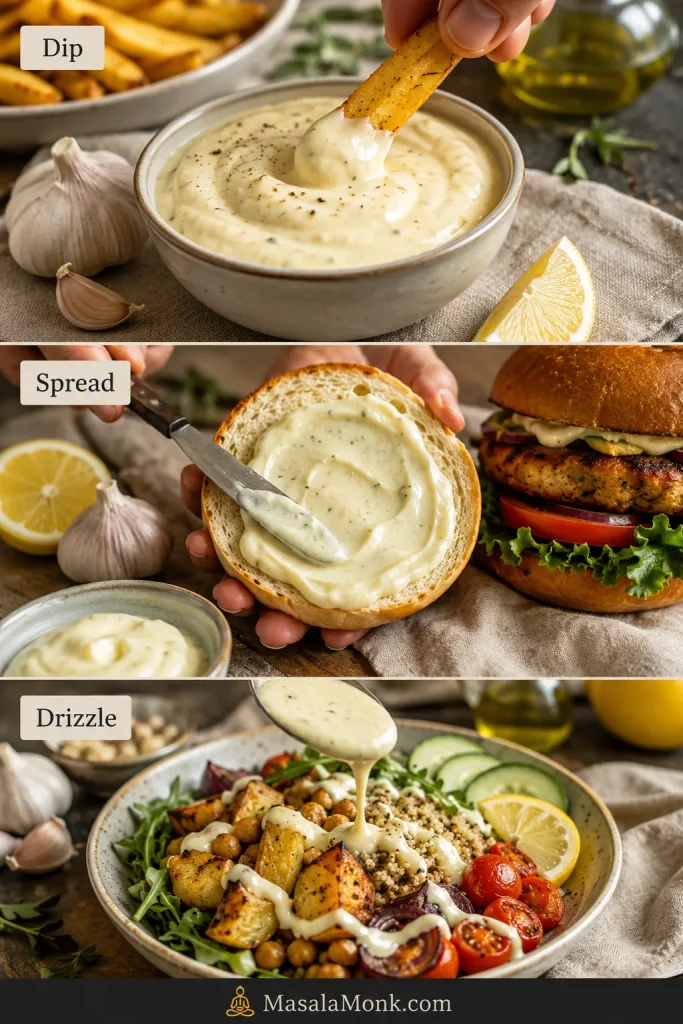 Three-panel guide showing garlic aioli used as a fry dip, spread on bread, and drizzled over a vegetable and grain bowl.