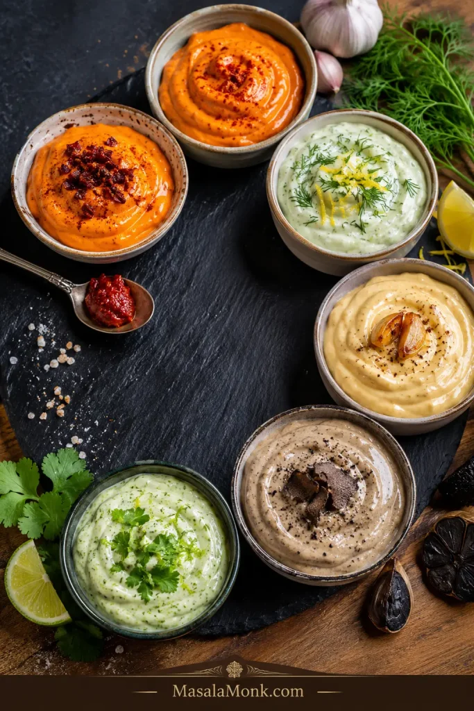 Six bowls of aioli variations on a dark board, including orange spicy aioli, lemon-dill aioli, roasted garlic aioli, dark garlic aioli, and herb aioli.