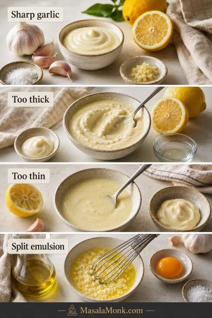 Four-panel aioli troubleshooting guide showing sharp garlic ingredients, thick aioli, thin aioli, and a split emulsion with whisk and egg yolk.