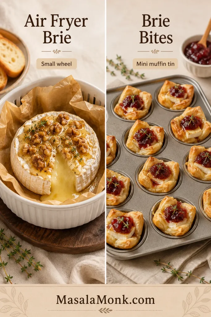 Split guide showing air fryer baked brie in parchment and baked brie bites in a mini muffin tin with jam.