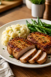 Sliced air fryer boneless pork chops served with mashed potatoes and green beans on a white plate.