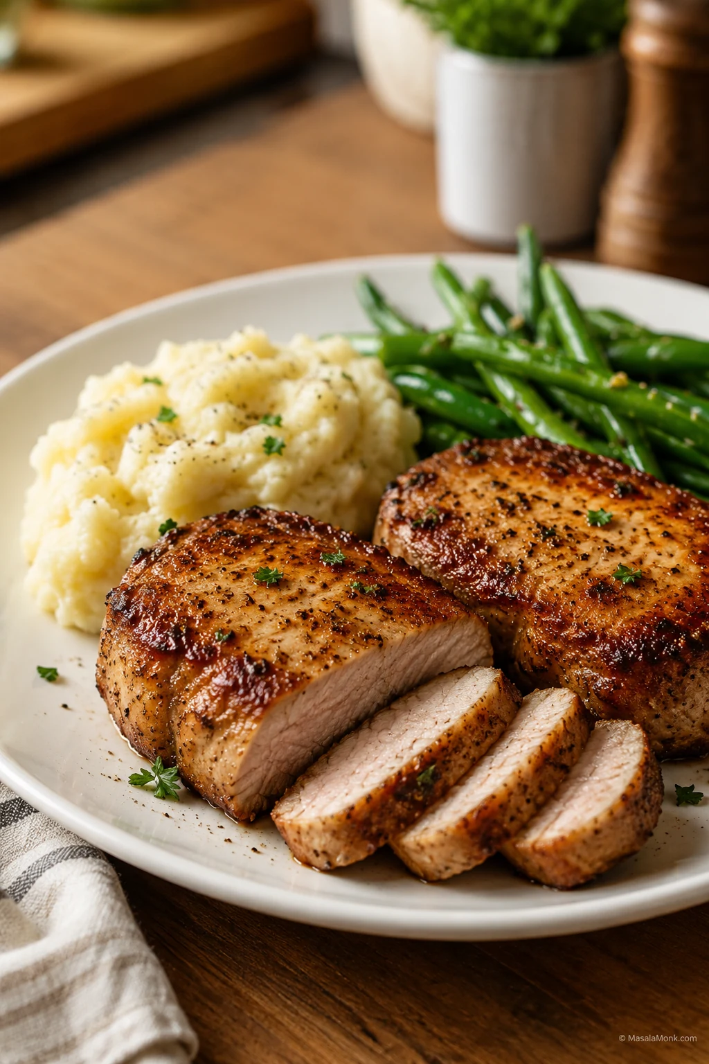 Sliced air fryer boneless pork chops served with mashed potatoes and green beans on a white plate.