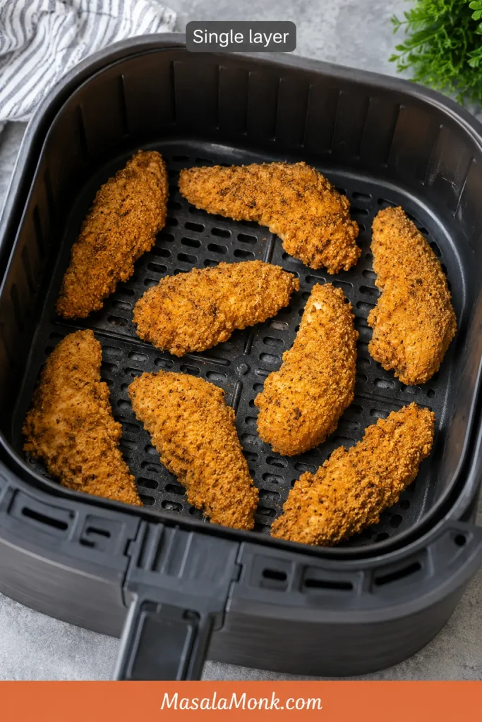 Breaded chicken tenders arranged in a single layer inside a black air fryer basket with space between each piece.